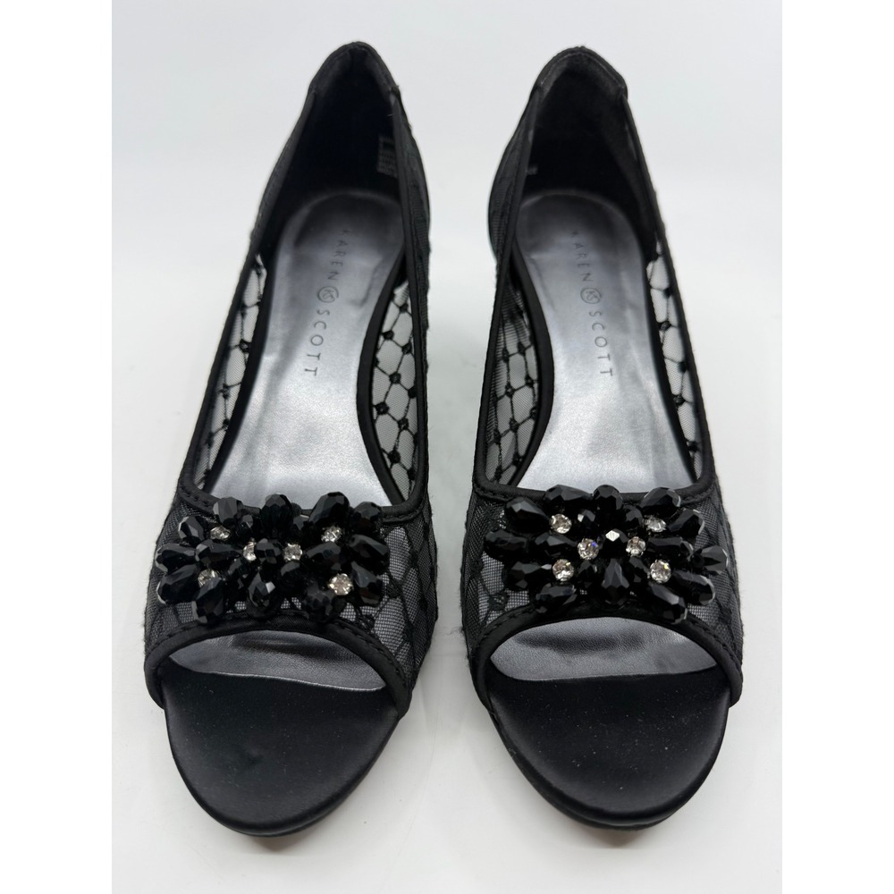 Karen Scott Womens Black Mesh Peep Toe Kitten Heels Beaded‎ Evening Shoes Sz 8